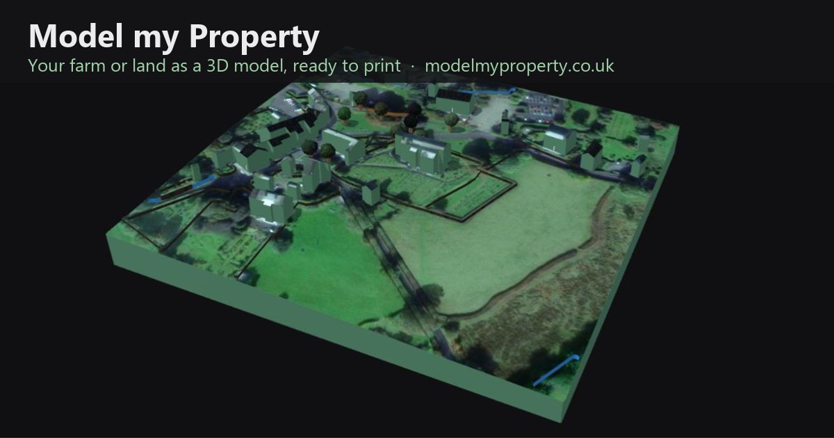 A 3D model of farmland with fields, hedges, trees and farm buildings